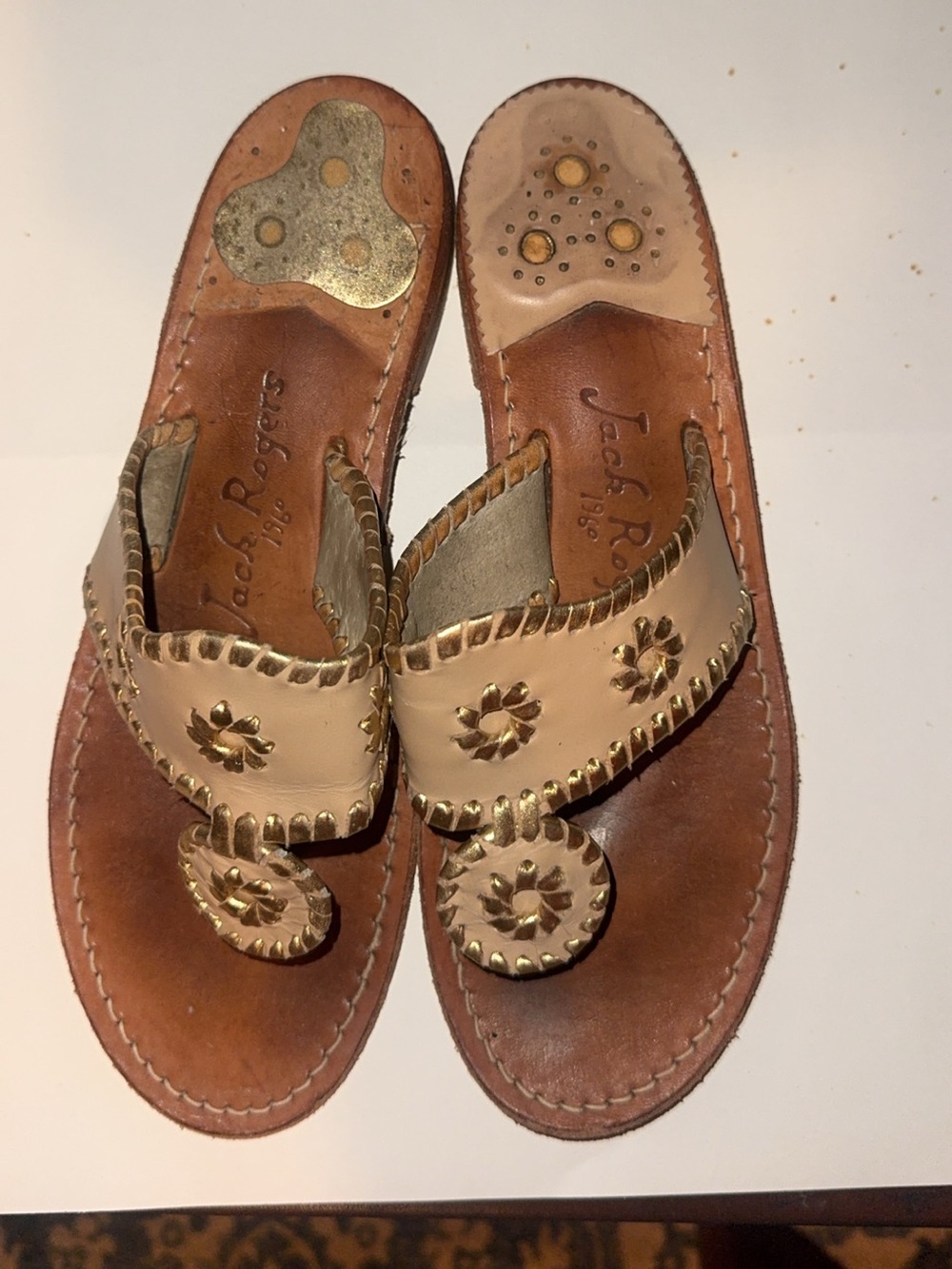 Jack Rogers Cream and Tan Leather Sandals with Gold Trim